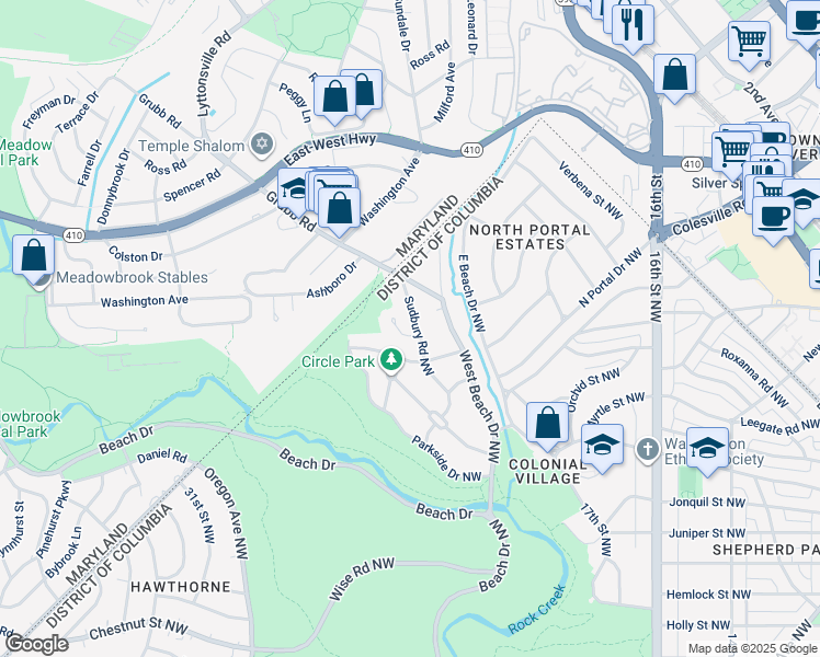 map of restaurants, bars, coffee shops, grocery stores, and more near 2101 Sudbury Place Northwest in Washington