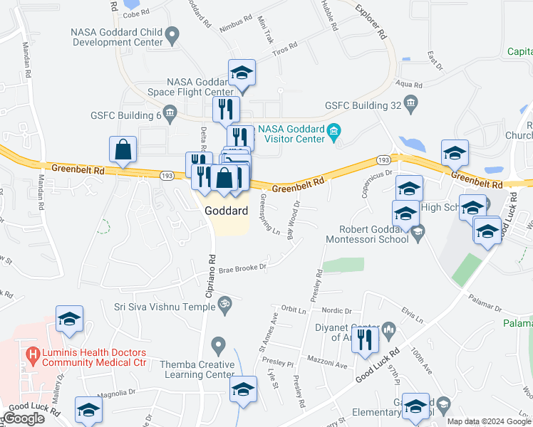 map of restaurants, bars, coffee shops, grocery stores, and more near 7213 Greenspring Lane in Lanham