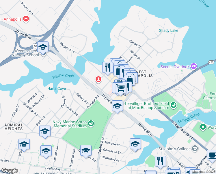 map of restaurants, bars, coffee shops, grocery stores, and more near 708 Melvin Ave in Annapolis