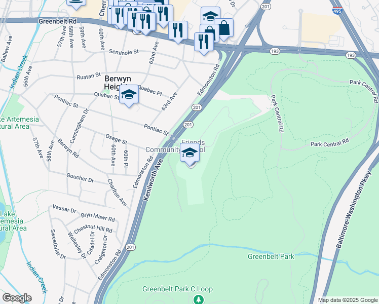 map of restaurants, bars, coffee shops, grocery stores, and more near 5901 Westchester Park Drive in College Park
