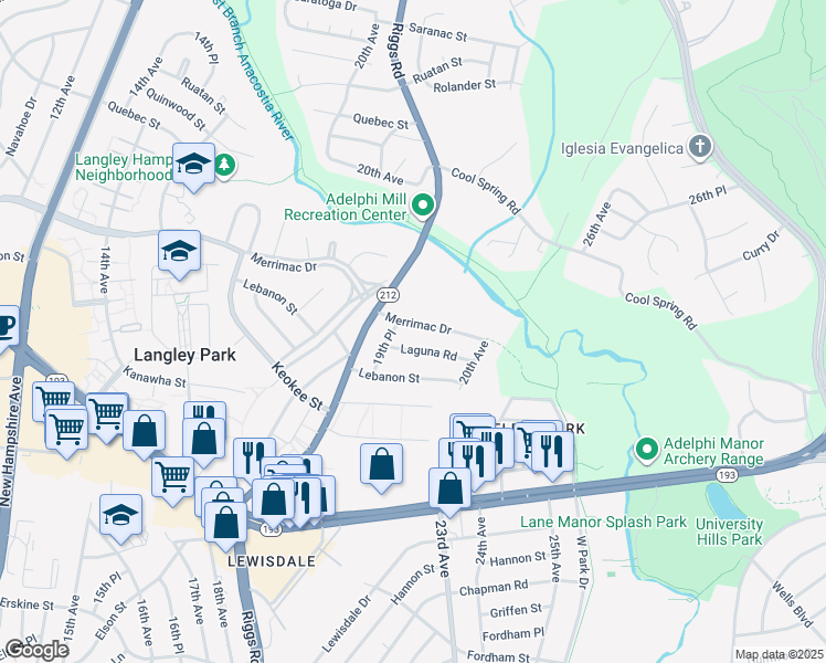 map of restaurants, bars, coffee shops, grocery stores, and more near 1911 Merrimac Drive in Hyattsville