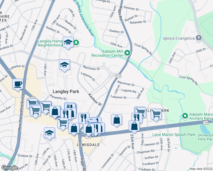 map of restaurants, bars, coffee shops, grocery stores, and more near 8101 New Riggs Road in Hyattsville