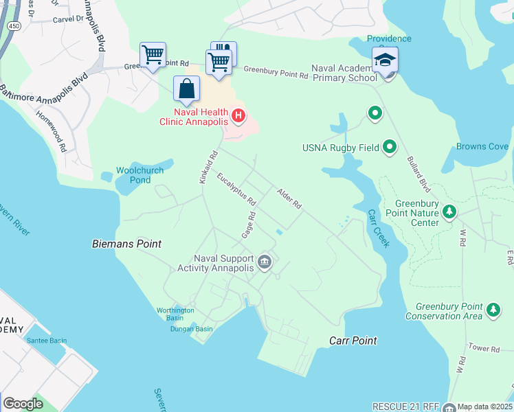 map of restaurants, bars, coffee shops, grocery stores, and more near 5 Eucalyptus Road in Annapolis