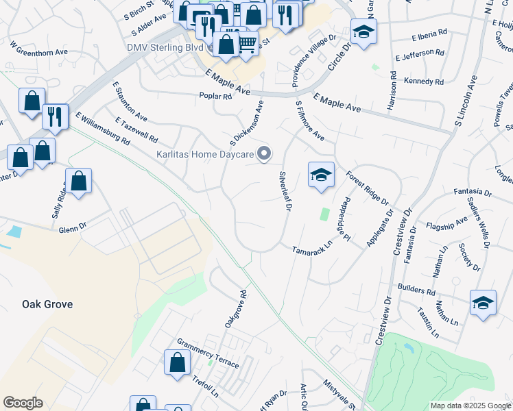 map of restaurants, bars, coffee shops, grocery stores, and more near 112 Buckeye Court in Sterling