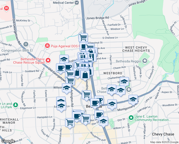 map of restaurants, bars, coffee shops, grocery stores, and more near 7850 Maryland 355 in Bethesda