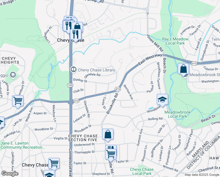 map of restaurants, bars, coffee shops, grocery stores, and more near 7900 Curtis Street in Chevy Chase