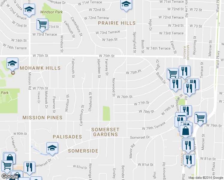 map of restaurants, bars, coffee shops, grocery stores, and more near 7628 Norwood Street in Prairie Village