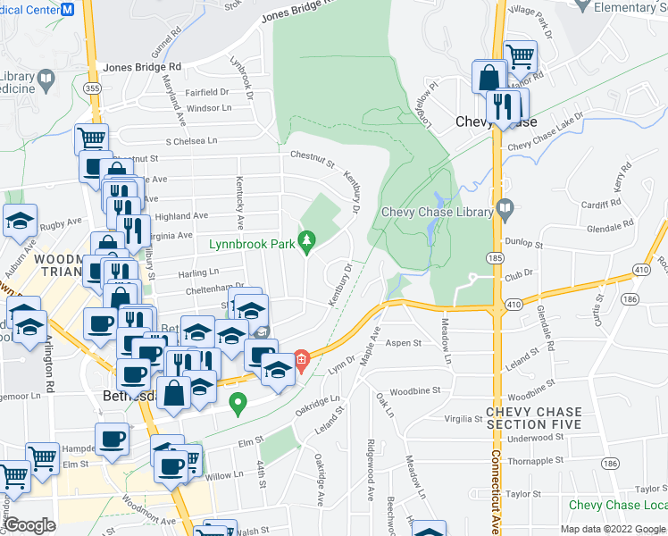 map of restaurants, bars, coffee shops, grocery stores, and more near 17 Kentbury Way in Bethesda