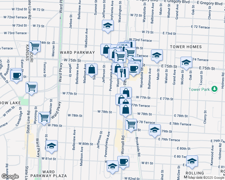 map of restaurants, bars, coffee shops, grocery stores, and more near 7629 Pennsylvania Avenue in Kansas City
