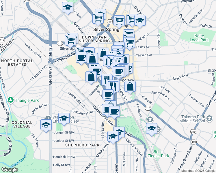 map of restaurants, bars, coffee shops, grocery stores, and more near 1133 East-West Highway in Silver Spring