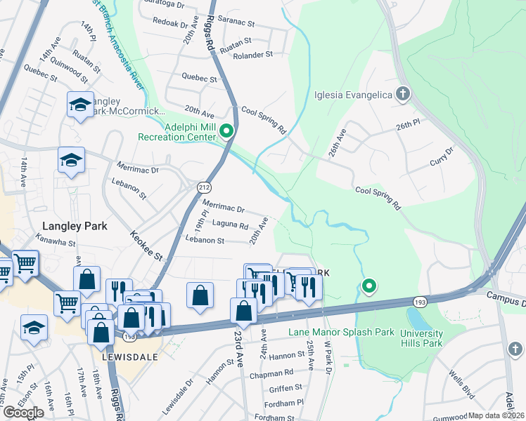 map of restaurants, bars, coffee shops, grocery stores, and more near 1936 Merrimac Drive in Hyattsville