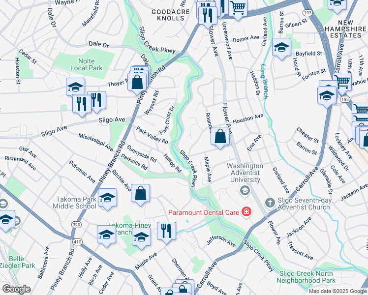 map of restaurants, bars, coffee shops, grocery stores, and more near 8103 Sligo Creek Parkway in Takoma Park