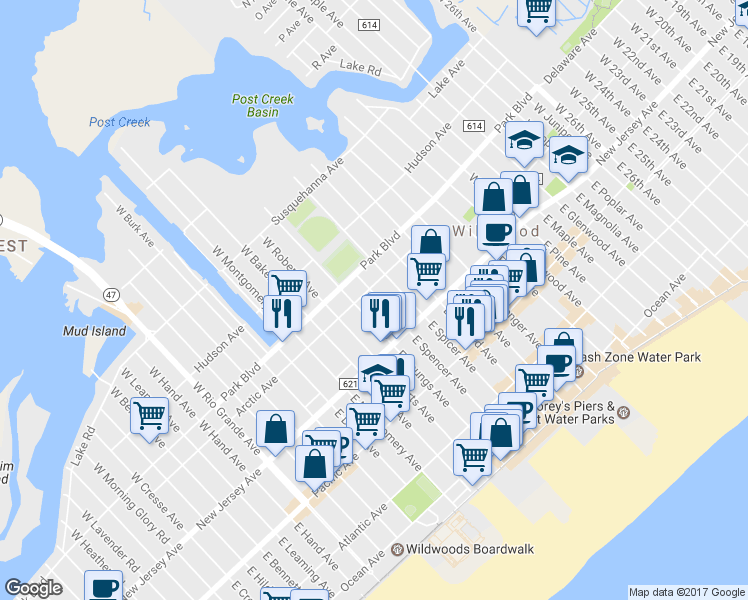 map of restaurants, bars, coffee shops, grocery stores, and more near 142 West Spencer Avenue in Wildwood