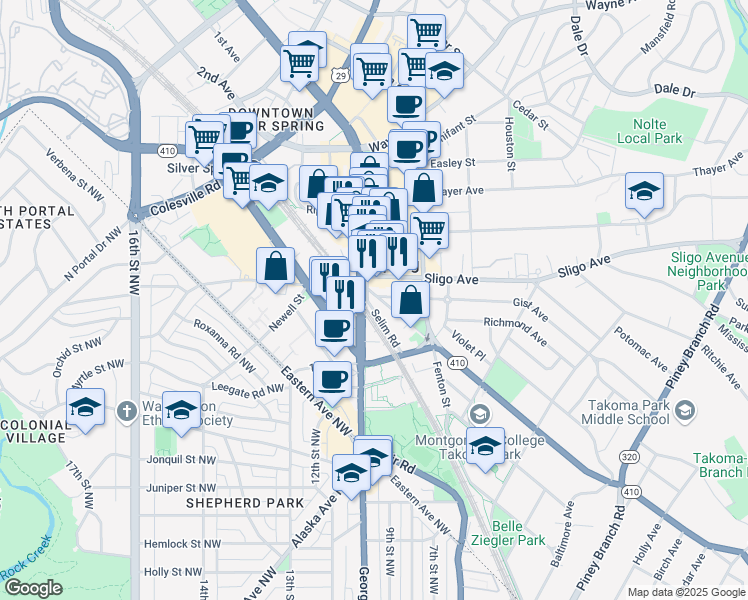 map of restaurants, bars, coffee shops, grocery stores, and more near 938 Philadelphia Avenue in Silver Spring