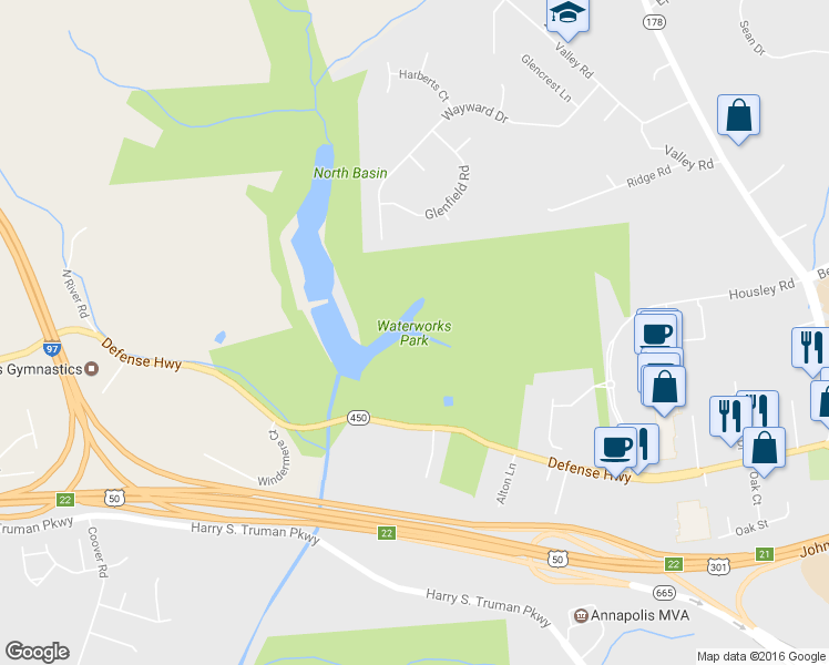 map of restaurants, bars, coffee shops, grocery stores, and more near 641 Wayward Drive in Annapolis