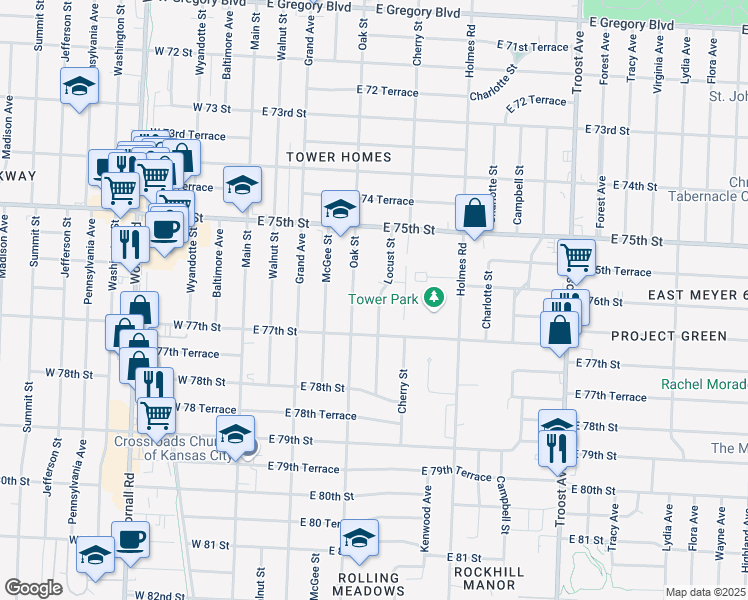 map of restaurants, bars, coffee shops, grocery stores, and more near 7612 Locust Street in Kansas City