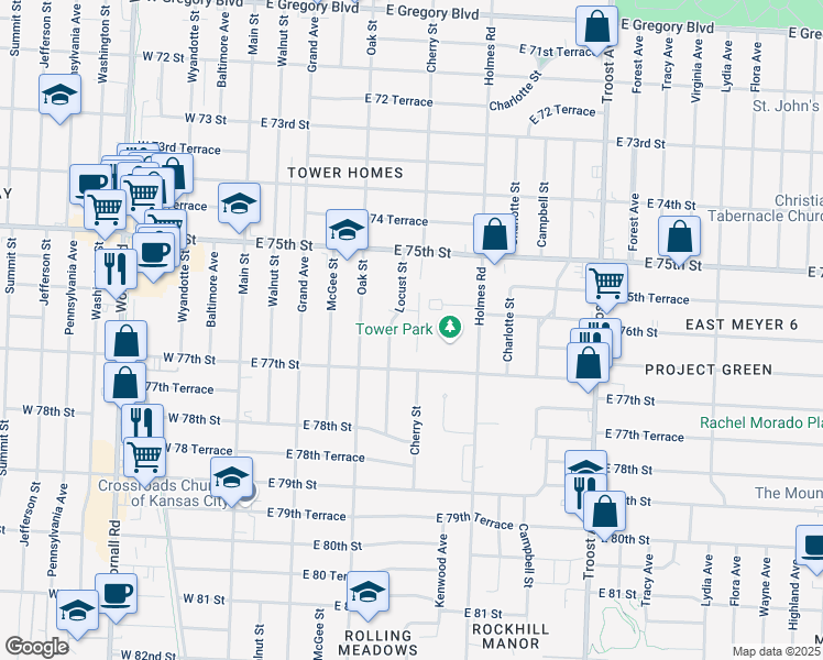 map of restaurants, bars, coffee shops, grocery stores, and more near 7612 Mary Belle Lane in Kansas City