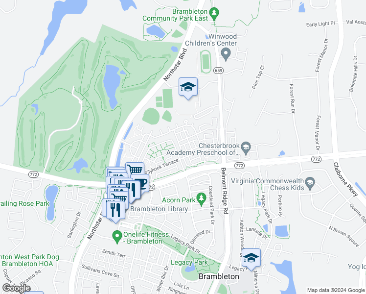 map of restaurants, bars, coffee shops, grocery stores, and more near 22712 Ferncrest Terrace in Ashburn