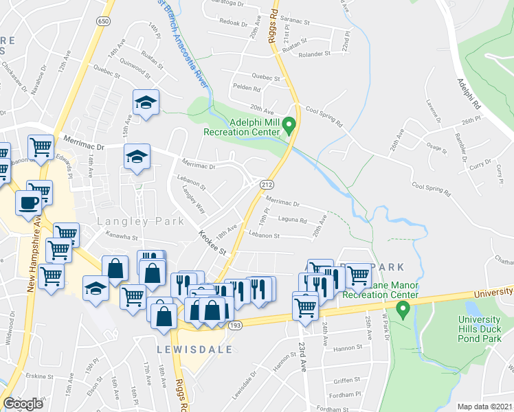 map of restaurants, bars, coffee shops, grocery stores, and more near 8115 Riggs Road in Hyattsville