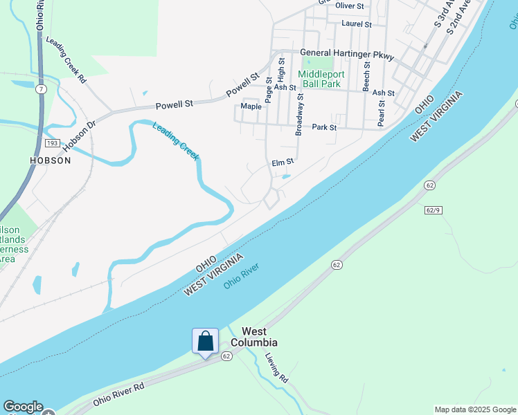map of restaurants, bars, coffee shops, grocery stores, and more near Page Street in Middleport