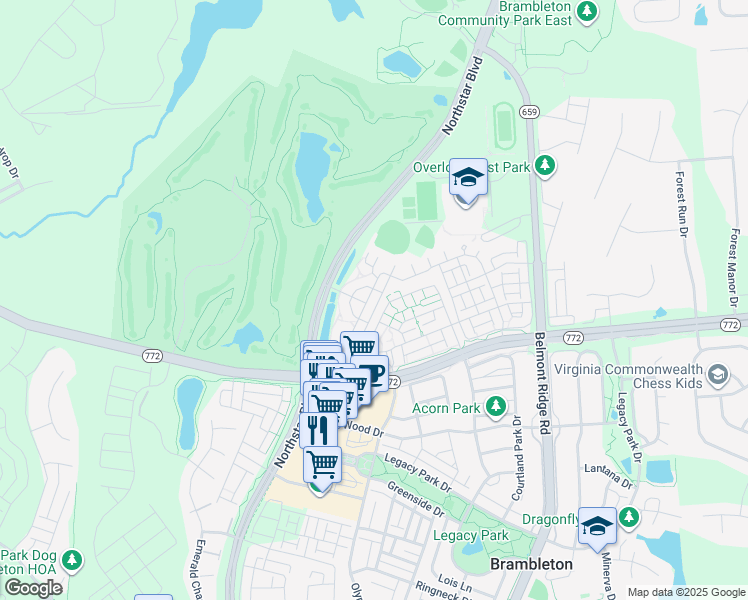map of restaurants, bars, coffee shops, grocery stores, and more near 22479 Verde Gate Terrace in Broadlands
