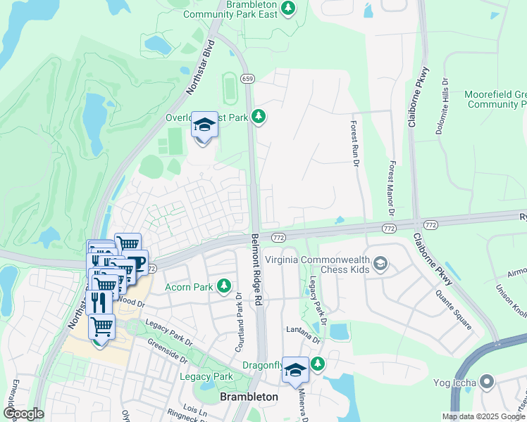 map of restaurants, bars, coffee shops, grocery stores, and more near 22690 Parkland Farms Terrace in Ashburn
