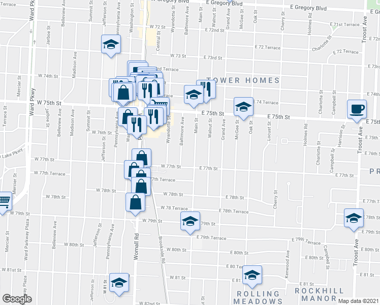 map of restaurants, bars, coffee shops, grocery stores, and more near 7624 Main Street in Kansas City
