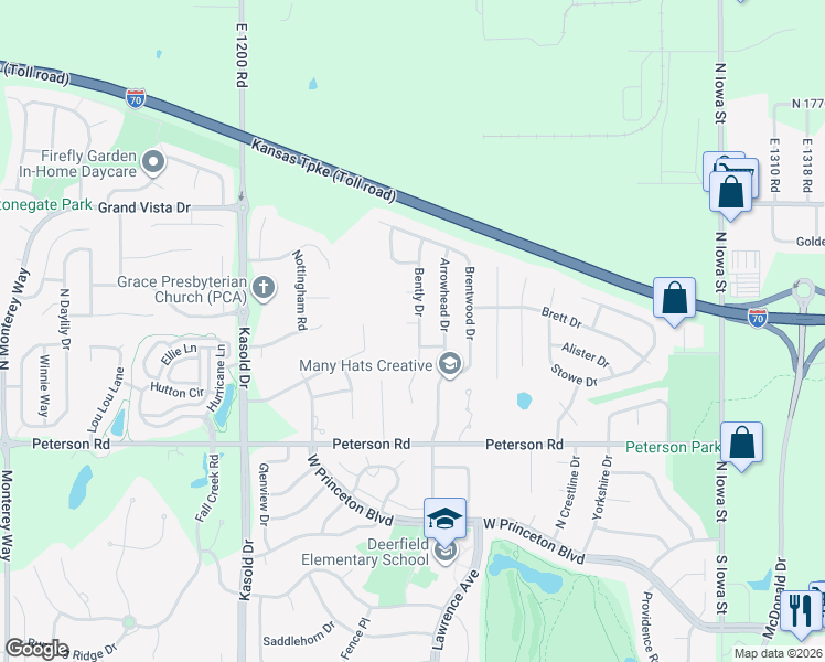 map of restaurants, bars, coffee shops, grocery stores, and more near 3001 Bently Court in Lawrence