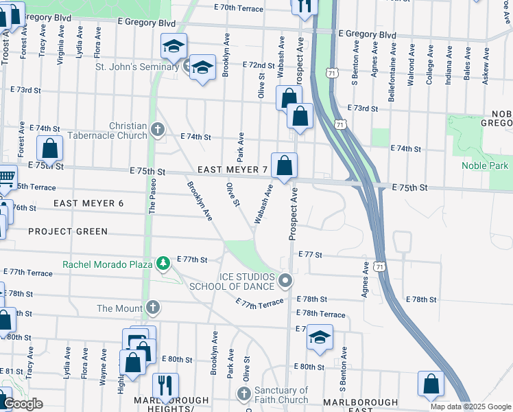 map of restaurants, bars, coffee shops, grocery stores, and more near 7524 Wabash Avenue in Kansas City