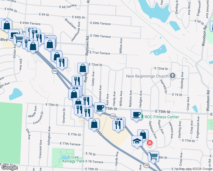 map of restaurants, bars, coffee shops, grocery stores, and more near 7316 Ash Avenue in Raytown
