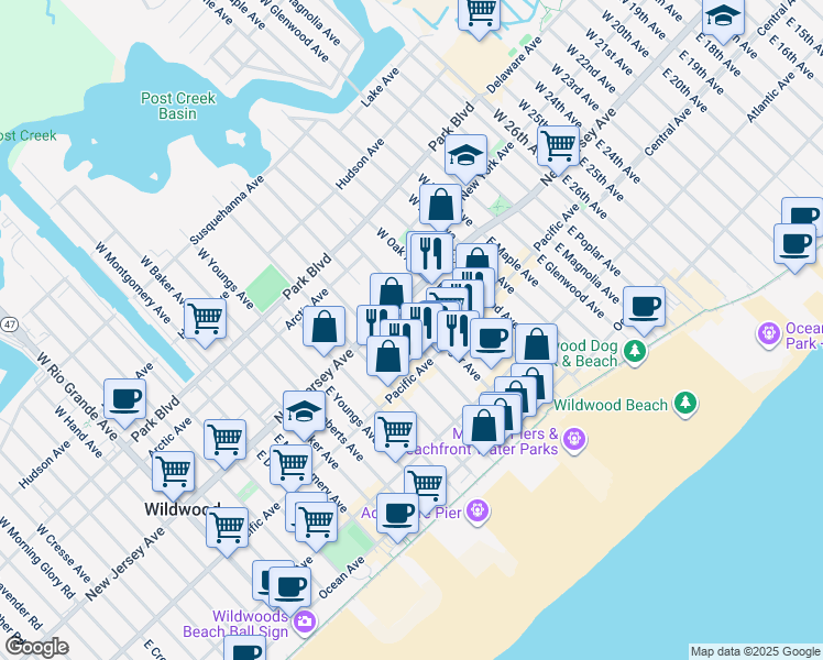map of restaurants, bars, coffee shops, grocery stores, and more near 123 East Lincoln Avenue in Wildwood