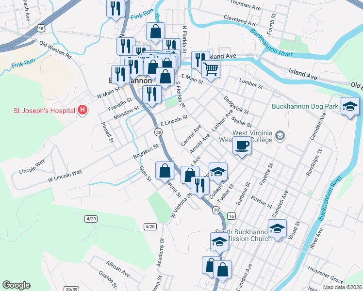 map of restaurants, bars, coffee shops, grocery stores, and more near 41 Smithfield Street in Buckhannon