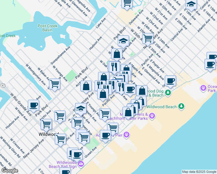 map of restaurants, bars, coffee shops, grocery stores, and more near 123 East Lincoln Avenue in Wildwood
