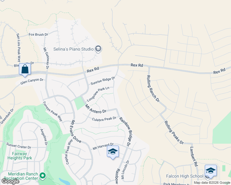 map of restaurants, bars, coffee shops, grocery stores, and more near 10799 Shavano Peak Court in Peyton