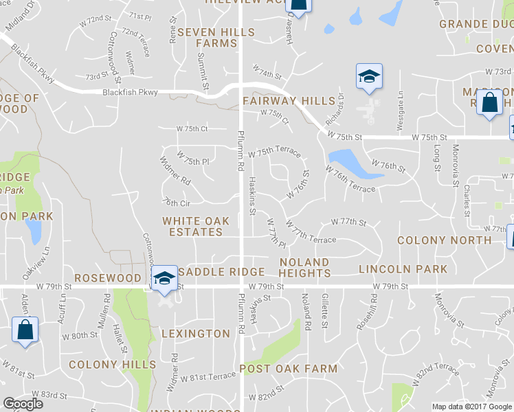 map of restaurants, bars, coffee shops, grocery stores, and more near 7713 Haskins Street in Shawnee