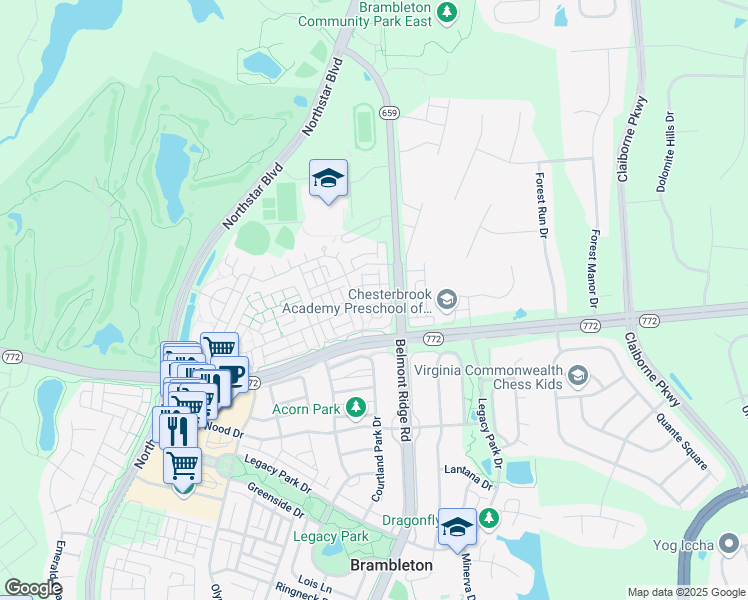 map of restaurants, bars, coffee shops, grocery stores, and more near 42680 Hollyhock Terrace in Brambleton