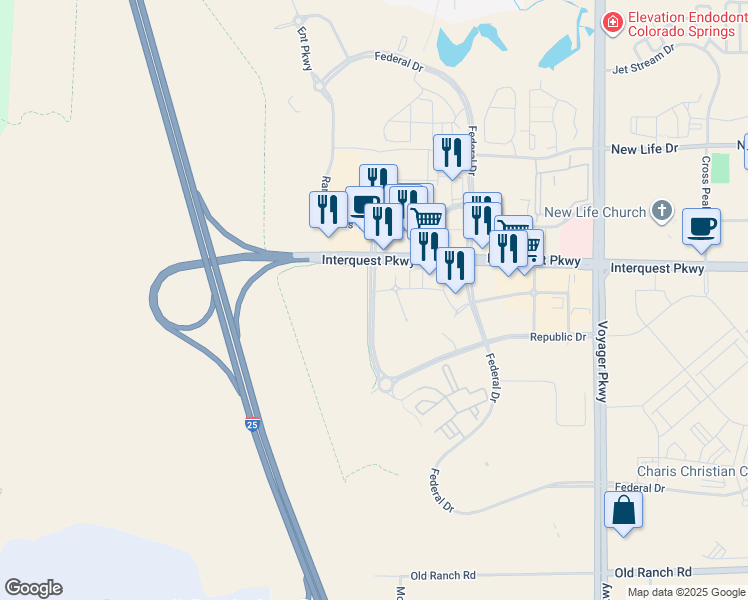 map of restaurants, bars, coffee shops, grocery stores, and more near 10859 New Allegiance Drive in Colorado Springs