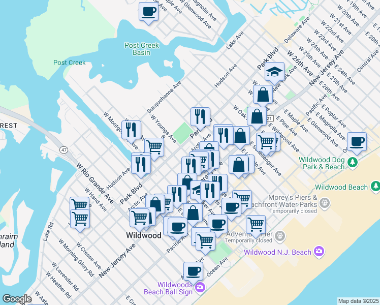 map of restaurants, bars, coffee shops, grocery stores, and more near 206 West Youngs Avenue in Wildwood