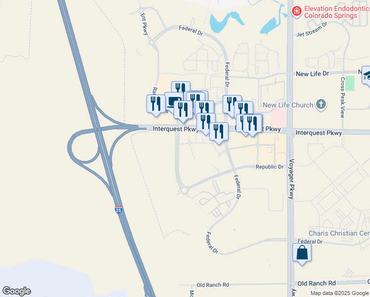 map of restaurants, bars, coffee shops, grocery stores, and more near 10859 New Allegiance Drive in Colorado Springs