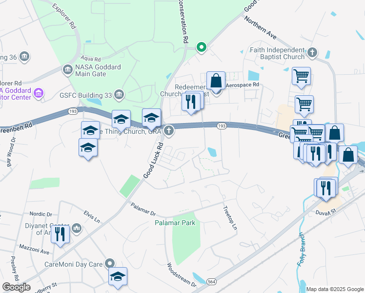 map of restaurants, bars, coffee shops, grocery stores, and more near 9861 Greenbelt Road in Lanham