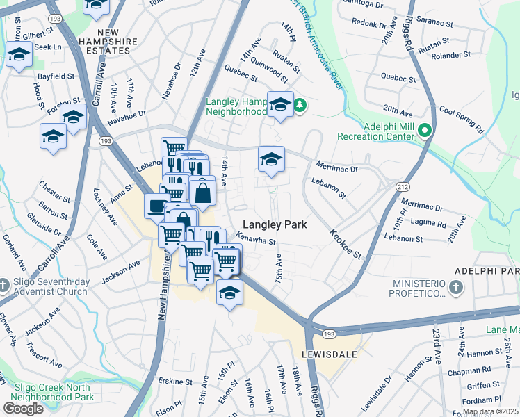map of restaurants, bars, coffee shops, grocery stores, and more near 8120 15th Avenue in Hyattsville