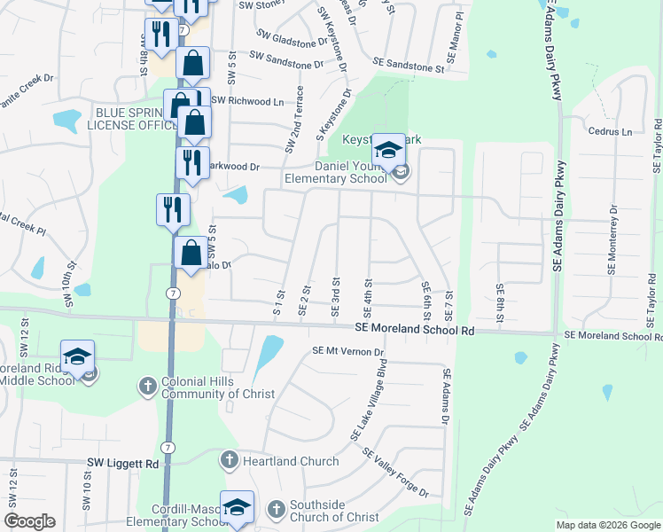 map of restaurants, bars, coffee shops, grocery stores, and more near 2905 Southeast 3rd Street in Blue Springs