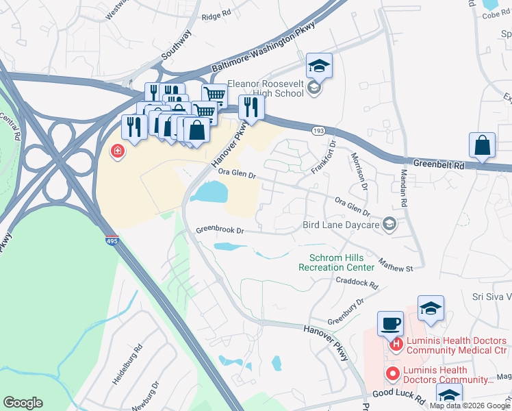 map of restaurants, bars, coffee shops, grocery stores, and more near 7222 South Ora Court in Greenbelt