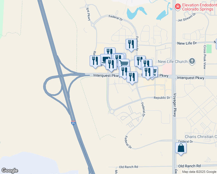 map of restaurants, bars, coffee shops, grocery stores, and more near 10877 New Allegiance Drive in Colorado Springs