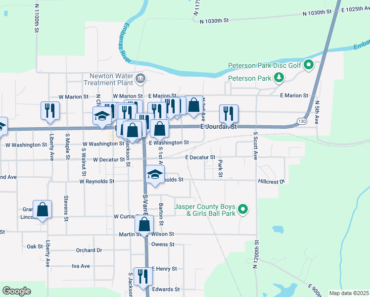 map of restaurants, bars, coffee shops, grocery stores, and more near 300 East Washington Street in Newton