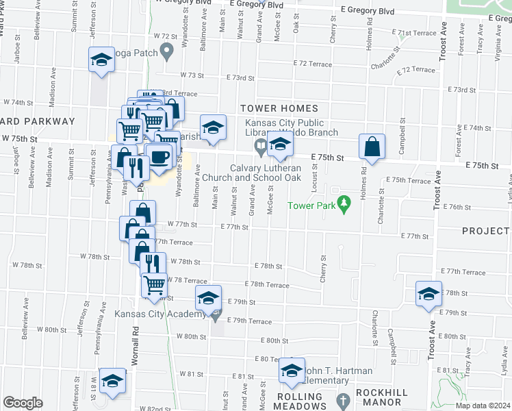 map of restaurants, bars, coffee shops, grocery stores, and more near 7571 Grand Avenue in Kansas City