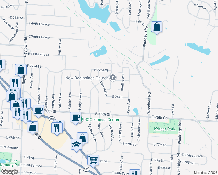 map of restaurants, bars, coffee shops, grocery stores, and more near 7312 Harvard Avenue in Raytown