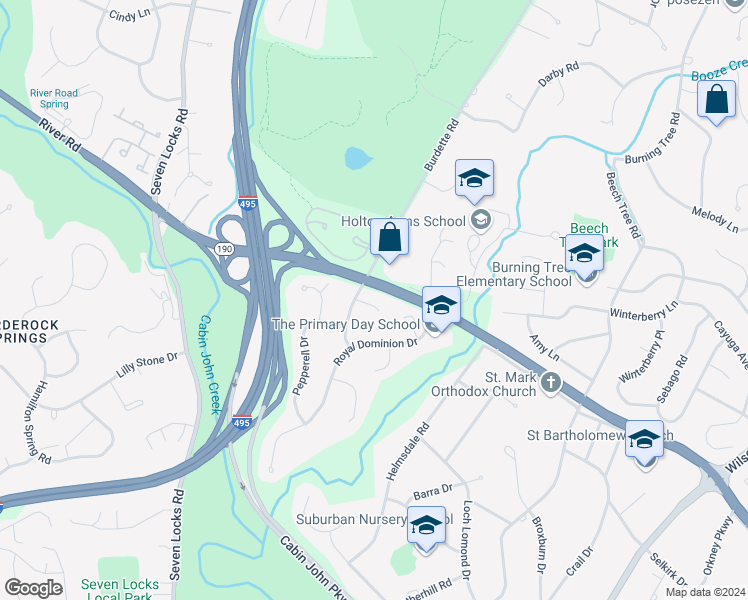 map of restaurants, bars, coffee shops, grocery stores, and more near 7409 Indraff Court in Bethesda