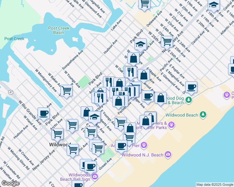map of restaurants, bars, coffee shops, grocery stores, and more near 3711 New Jersey Avenue in Wildwood