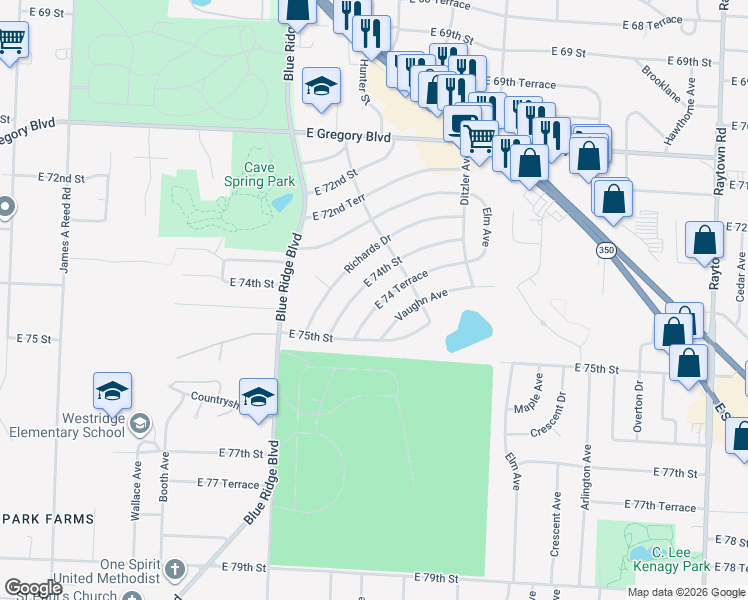 map of restaurants, bars, coffee shops, grocery stores, and more near 9014 East 74 Terrace in Raytown